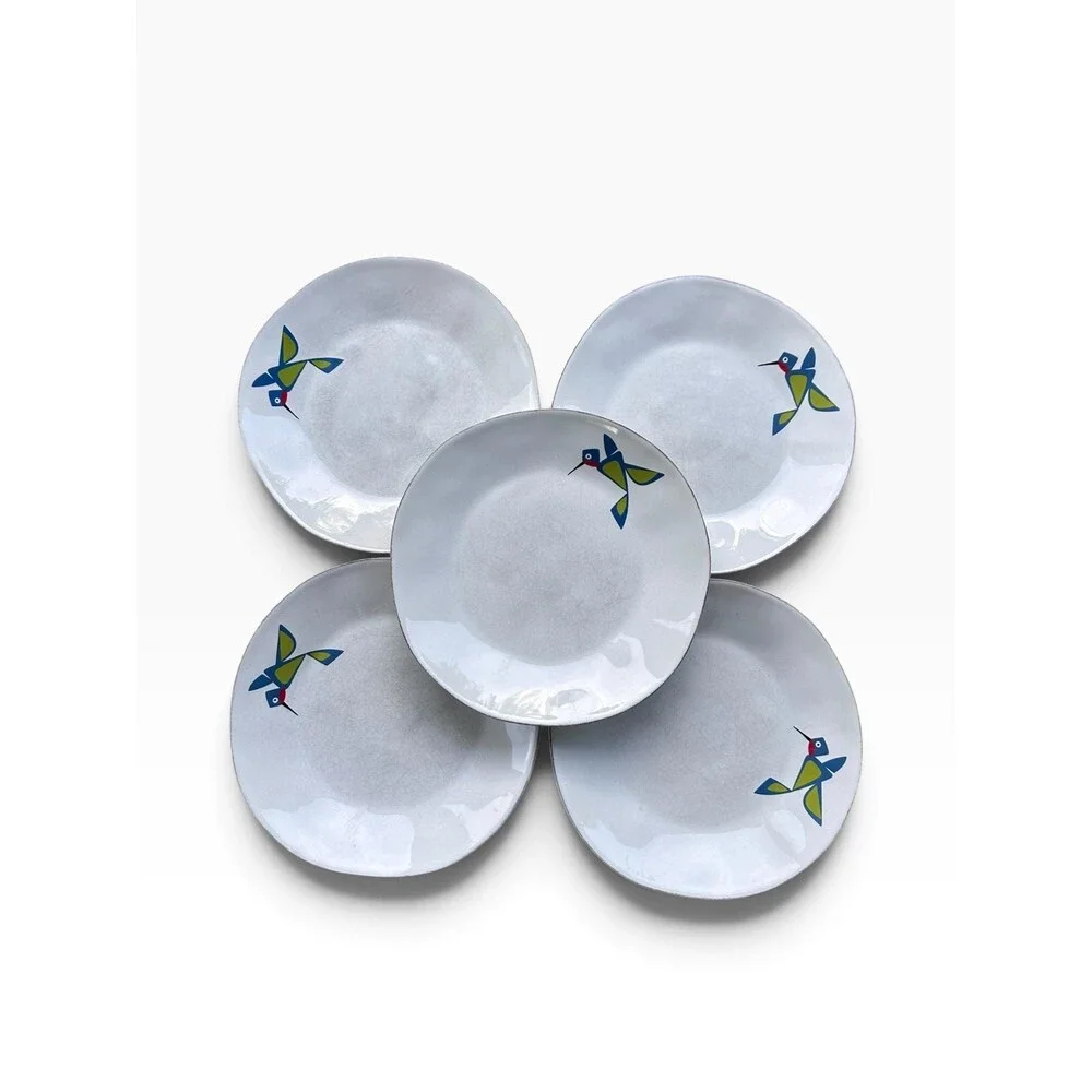Crate & Barrel Hummingbird Dinner Plates Portugal Stoneware Set of 5 Geometric